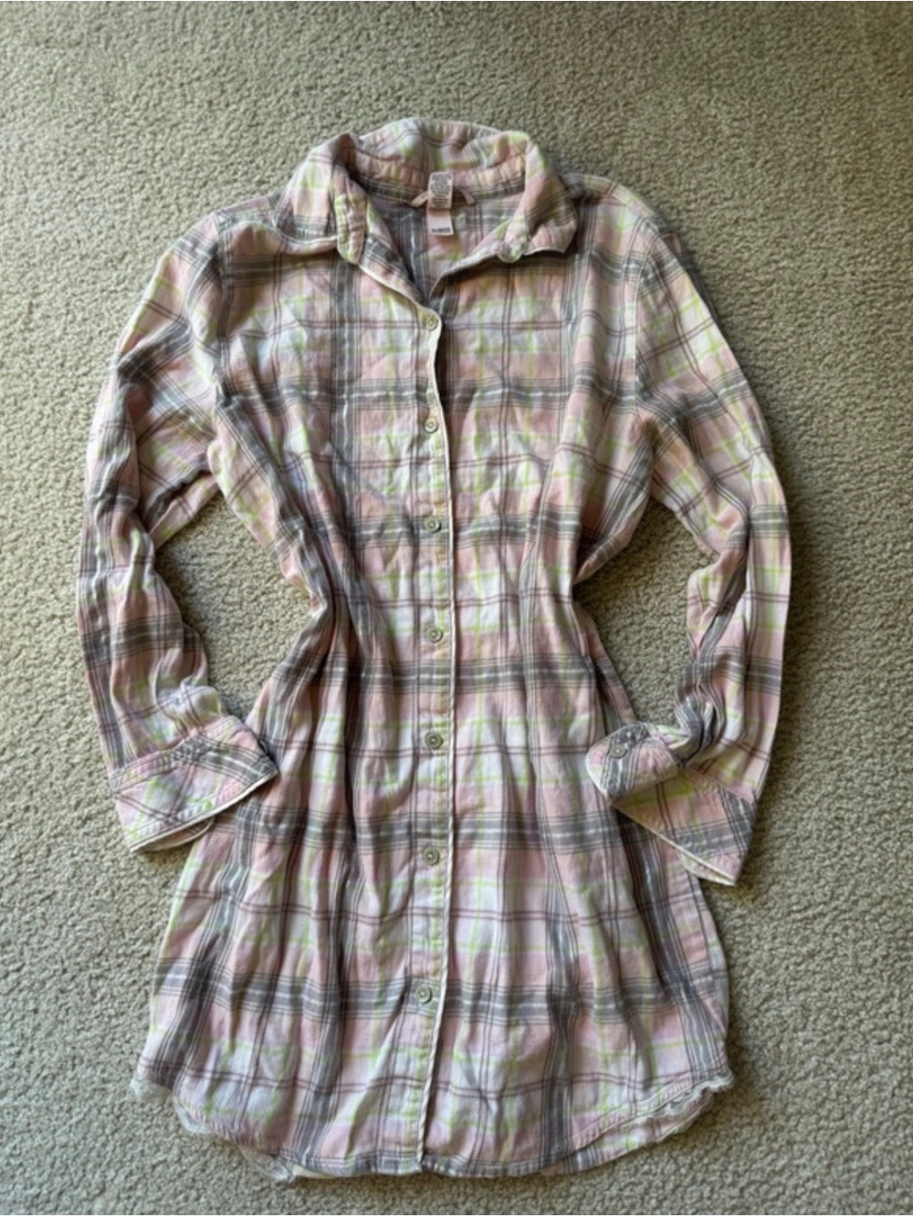 Victoria's Secret Pink and Green Plaid Button-Front Nightshirt y2k